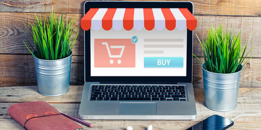 در این تصویر یک لپ تاپ را نشان میدهد که تبدیل که یک فروشگاه شده است و سایبان جلوی فروشگاه دیده میشود. به اهمیت بهینه سازی سایت فروشگاهی و افزایش فروش آنلاین و اینترنتی اشاره دارد.